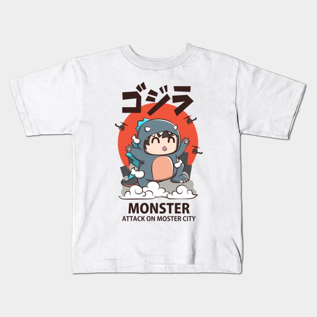 Monster attack city cute Kids T-Shirt by Pixel Poetry